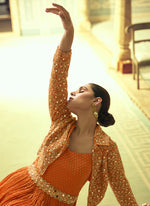 Thumbnail for Vegaa Fashion Orange Viscose Shimmer Jacquard Silk Embroidered Gown
