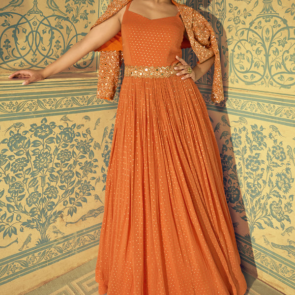 Vegaa Fashion Orange Viscose Shimmer Jacquard Silk Embroidered Gown