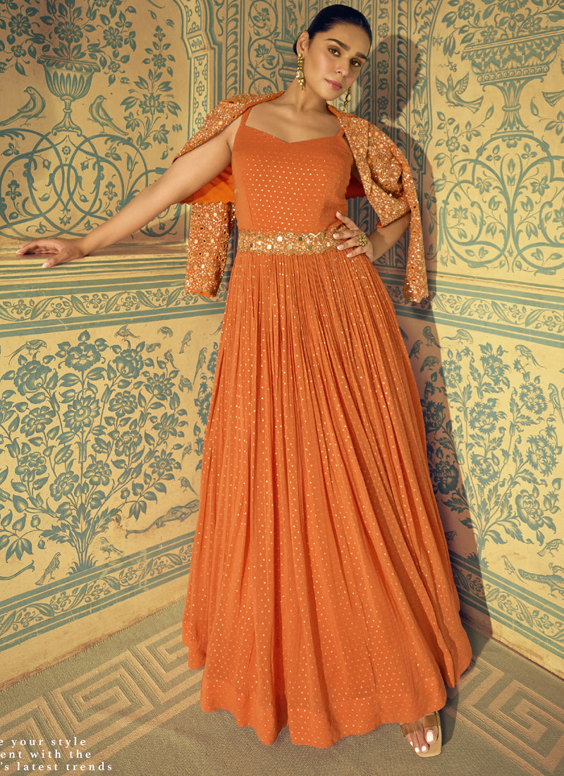 Vegaa Fashion Orange Viscose Shimmer Jacquard Silk Embroidered Gown