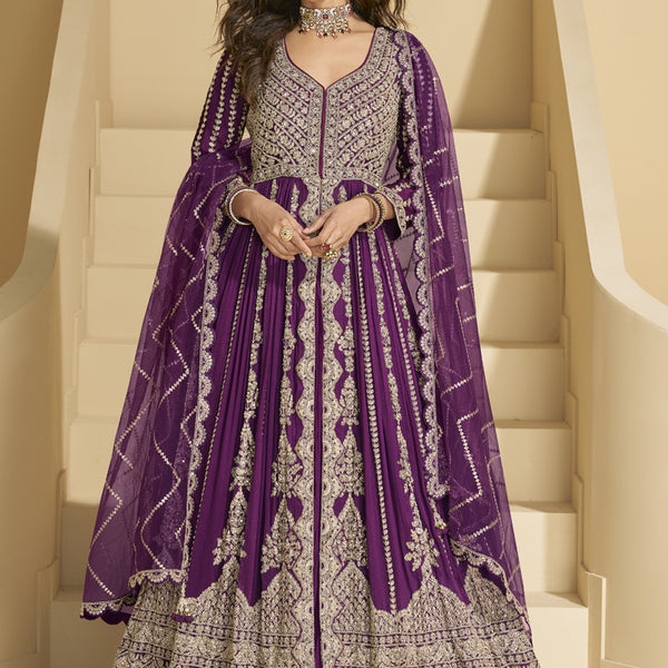Vegaa Fashion Purple Chinon Silk Embroidered Lehenga Style Suit