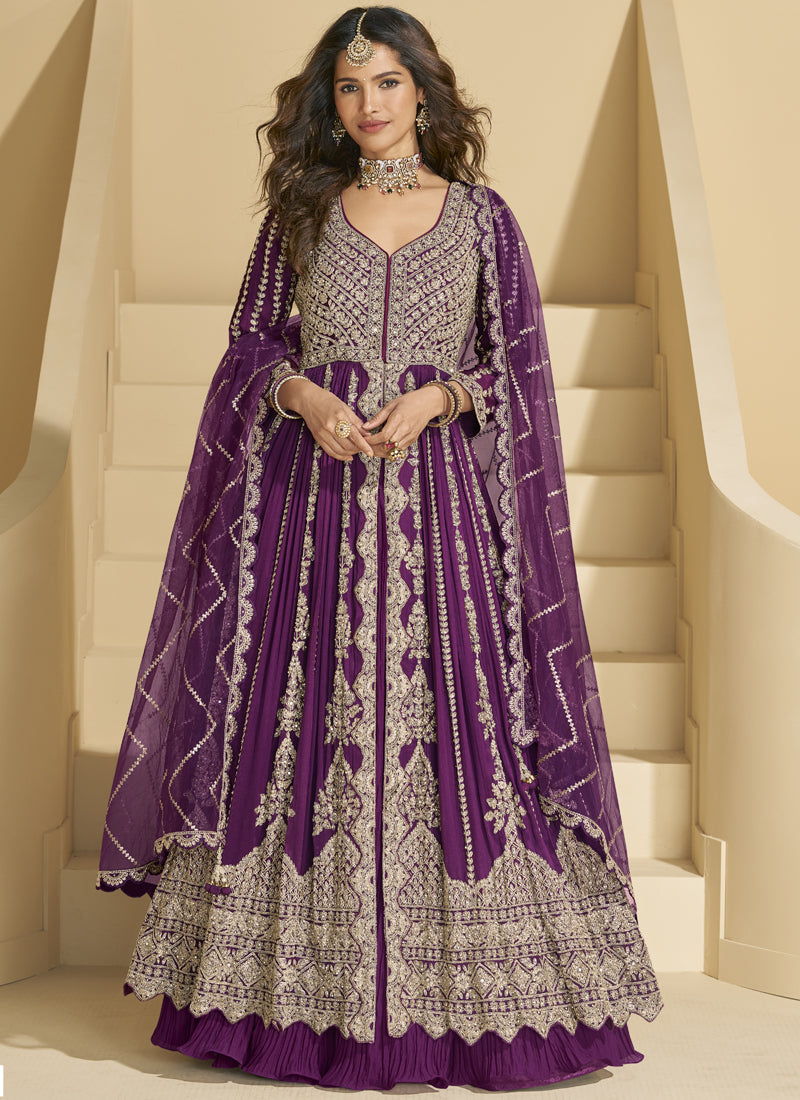 Vegaa Fashion Purple Chinon Silk Embroidered Lehenga Style Suit