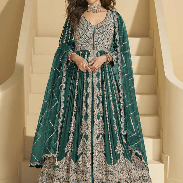 Vegaa Fashion Green Chinon Silk Embroidered Lehenga Style Suit