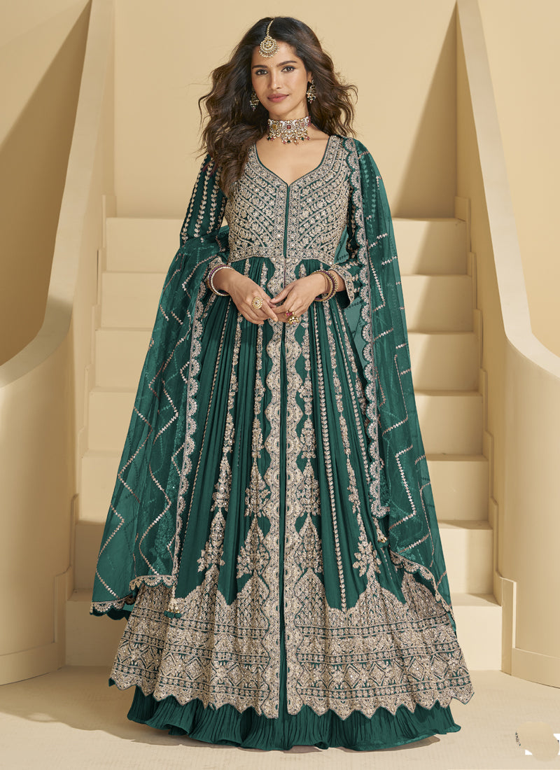 Vegaa Fashion Green Chinon Silk Embroidered Lehenga Style Suit