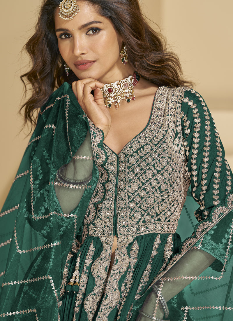Vegaa Fashion Green Chinon Silk Embroidered Lehenga Style Suit - Distacart