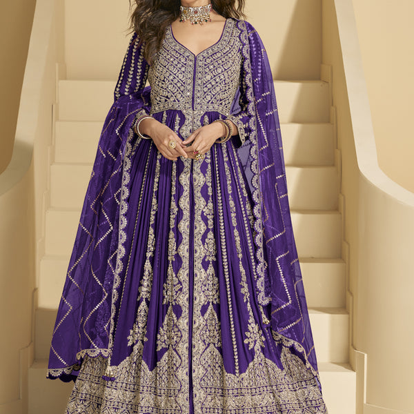 Vegaa Fashion Violet Chinon Silk Embroidered Lehenga Style Suit