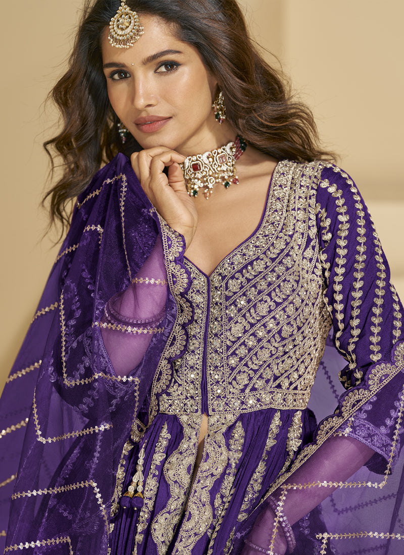 Vegaa Fashion Violet Chinon Silk Embroidered Lehenga Style Suit - Distacart