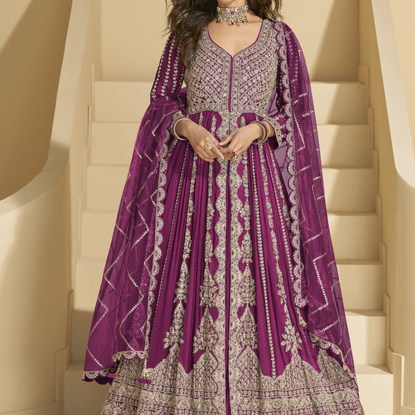 Vegaa Fashion Wine Chinon Silk Embroidered Lehenga Style Suit