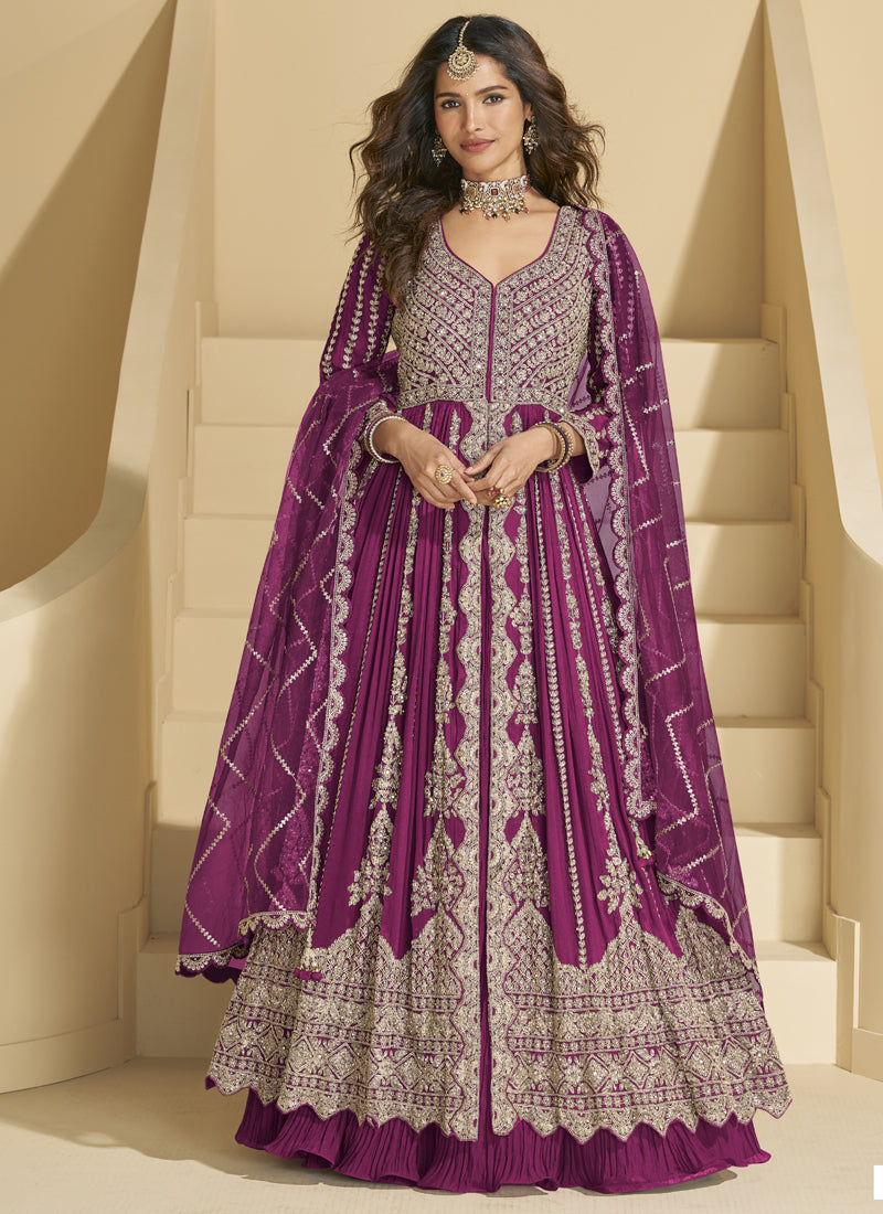 Vegaa Fashion Wine Chinon Silk Embroidered Lehenga Style Suit