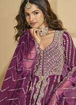 Thumbnail for Vegaa Fashion Wine Chinon Silk Embroidered Lehenga Style Suit