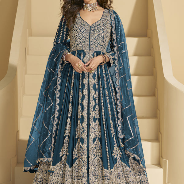 Vegaa Fashion Aqua Blue Chinon Silk Embroidered Lehenga Style Suit