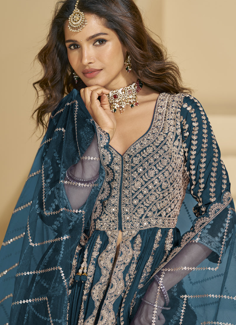 Vegaa Fashion Aqua Blue Chinon Silk Embroidered Lehenga Style Suit - Distacart