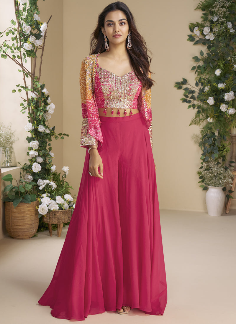 Vegaa Fashion Pink Chinon Silk Embroidered Western Palazzo Suit