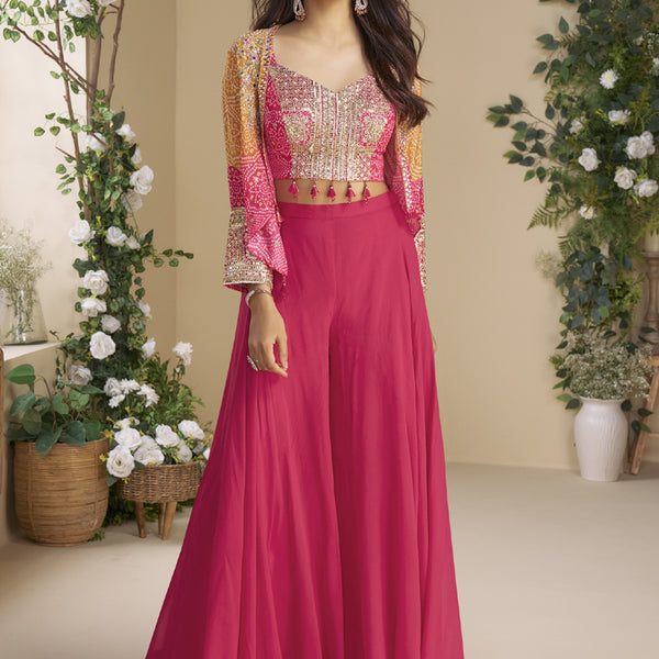 Vegaa Fashion Pink Chinon Silk Embroidered Western Palazzo Suit