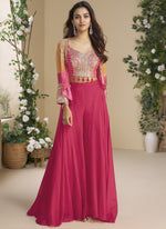 Thumbnail for Vegaa Fashion Pink Chinon Silk Embroidered Western Palazzo Suit
