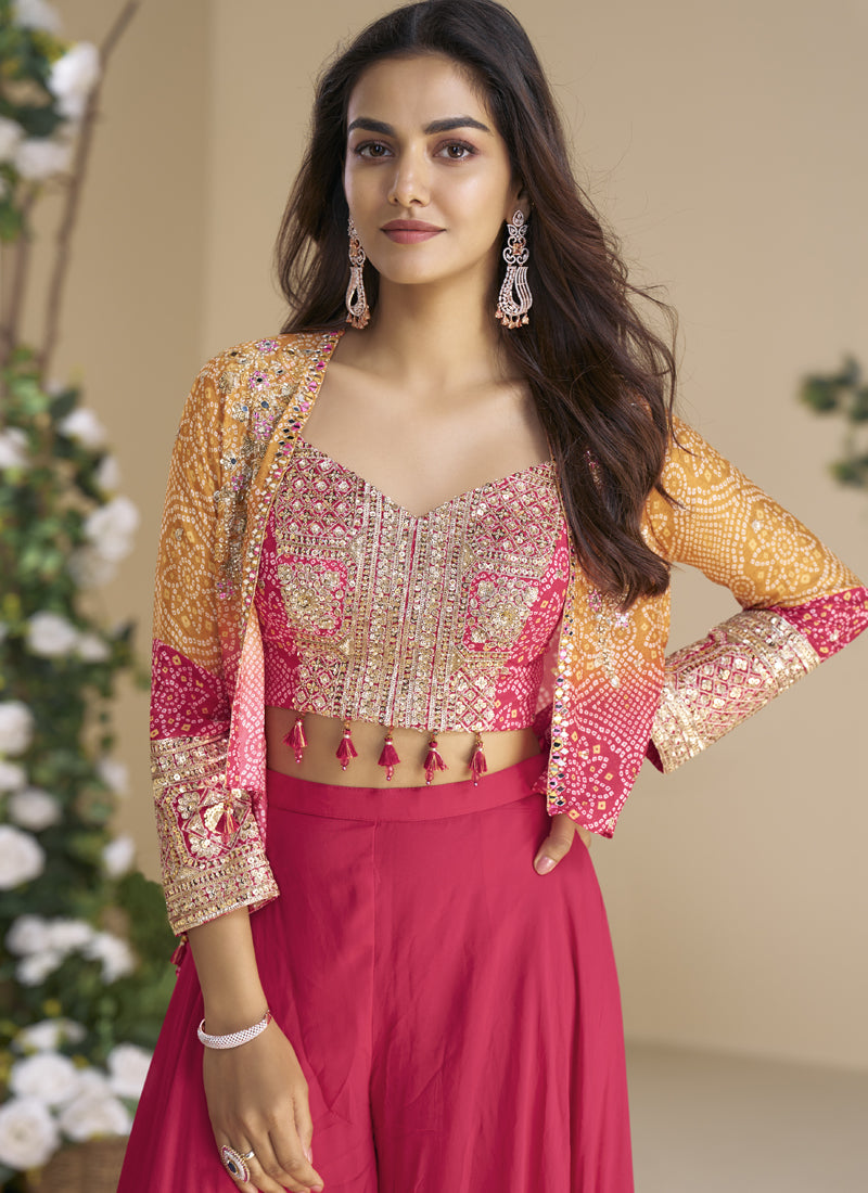 Vegaa Fashion Pink Chinon Silk Embroidered Western Palazzo Suit