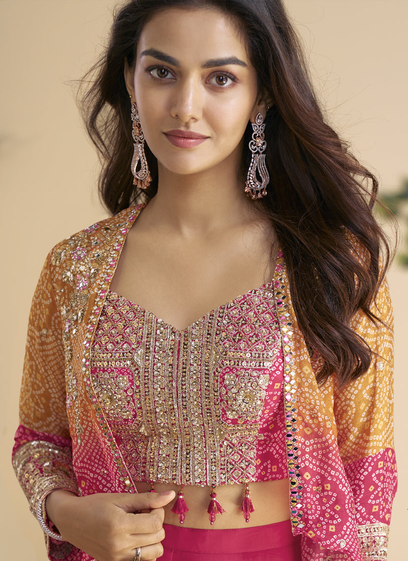 Vegaa Fashion Pink Chinon Silk Embroidered Western Palazzo Suit