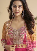 Thumbnail for Vegaa Fashion Pink Chinon Silk Embroidered Western Palazzo Suit