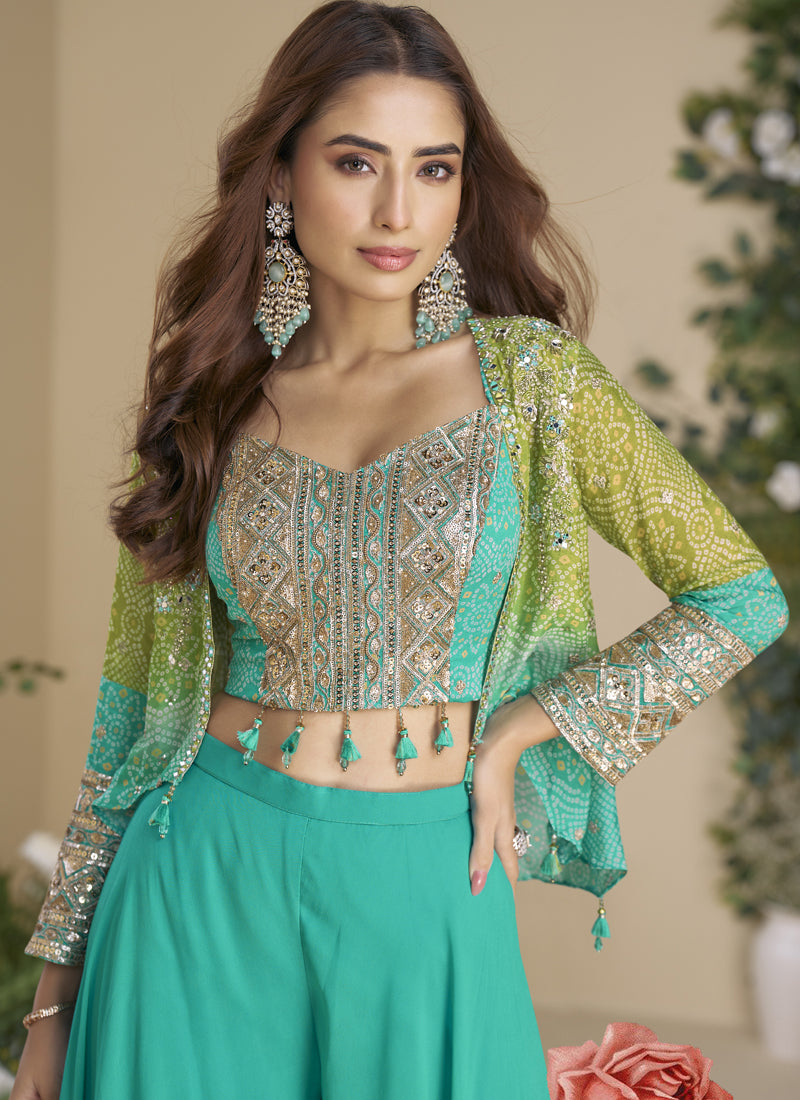 Vegaa Fashion Turquoise Chinon Silk Embroidered Western Palazzo Suit