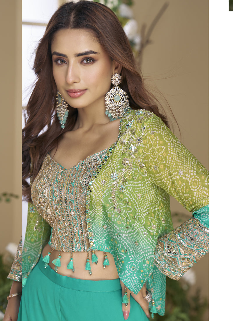 Vegaa Fashion Turquoise Chinon Silk Embroidered Western Palazzo Suit