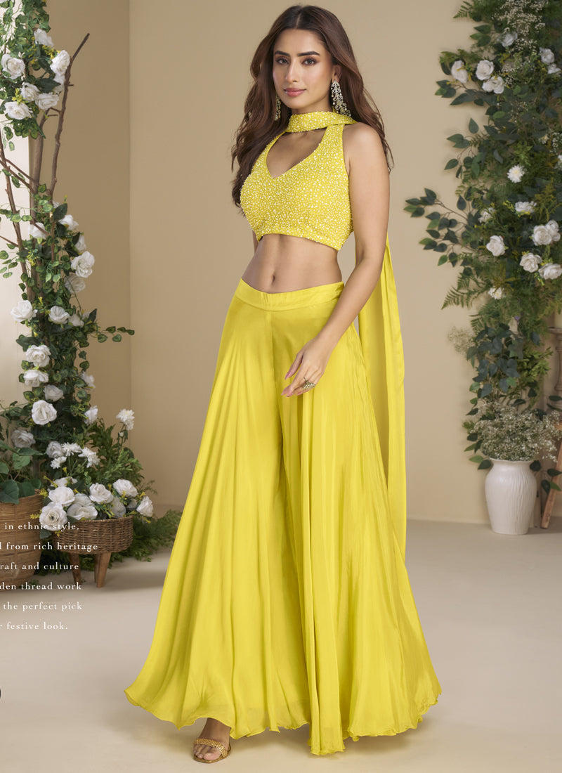 Vegaa Fashion Yellow Chinon Silk Embroidered Western Palazzo Suit