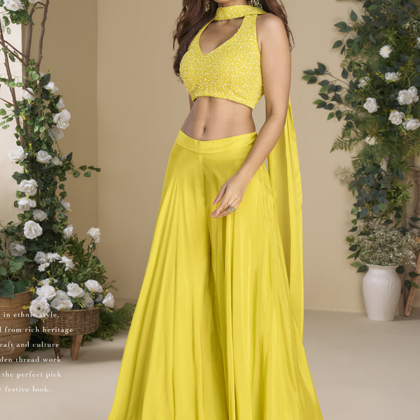 Vegaa Fashion Yellow Chinon Silk Embroidered Western Palazzo Suit - Distacart