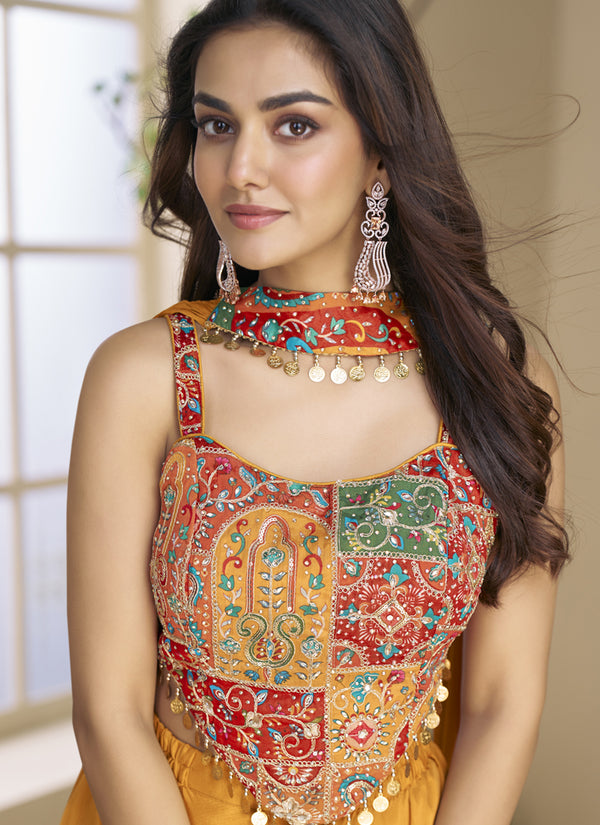 Vegaa Fashion Mustard Chinon Silk Embroidered Western Palazzo Suit