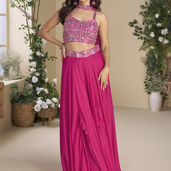 Vegaa Fashion Rani Pink Chinon Silk Embroidered Western Palazzo Suit - Distacart