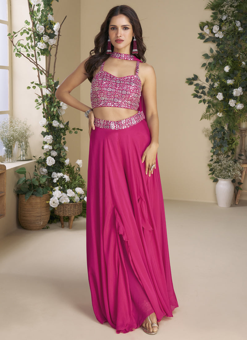 Vegaa Fashion Rani Pink Chinon Silk Embroidered Western Palazzo Suit