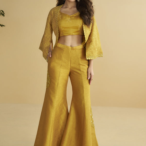 Vegaa Fashion Yellow Silk Embroidered Designer Palazzo With Jacket