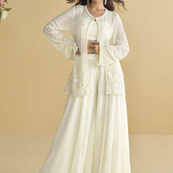 Vegaa Fashion White Georgette Embroidered Designer Palazzo With Jacket