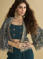 Thumbnail for Vegaa Fashion Aqua Blue Georgette Embroidered Designer Palazzo With Jacket