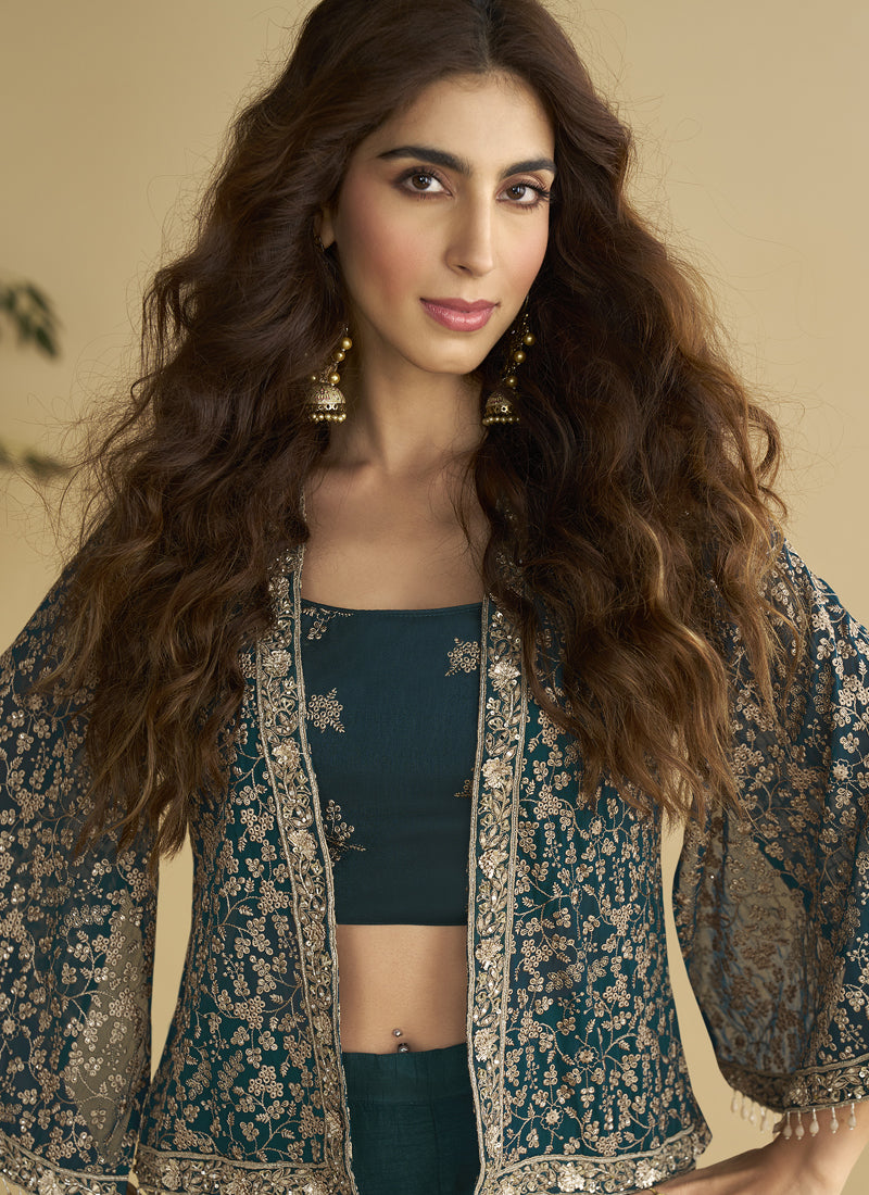 Vegaa Fashion Aqua Blue Georgette Embroidered Designer Palazzo With Jacket