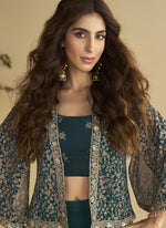 Thumbnail for Vegaa Fashion Aqua Blue Georgette Embroidered Designer Palazzo With Jacket