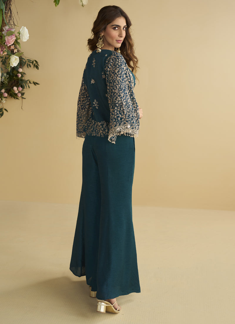 Vegaa Fashion Aqua Blue Georgette Embroidered Designer Palazzo With Jacket