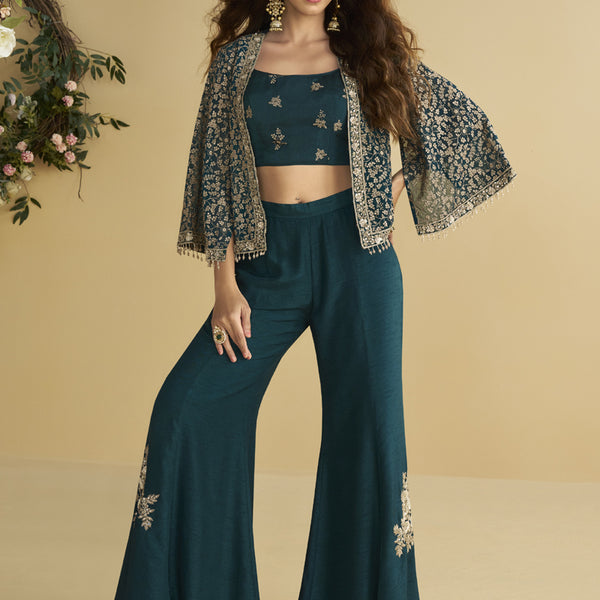 Vegaa Fashion Aqua Blue Georgette Embroidered Designer Palazzo With Jacket