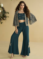 Thumbnail for Vegaa Fashion Aqua Blue Georgette Embroidered Designer Palazzo With Jacket