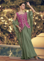 Thumbnail for Vegaa Fashion Mehendi Chinon Silk Embroidered Western Palazzo Suit - Distacart