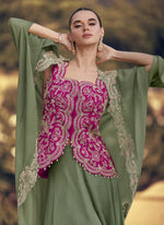Thumbnail for Vegaa Fashion Mehendi Chinon Silk Embroidered Western Palazzo Suit - Distacart