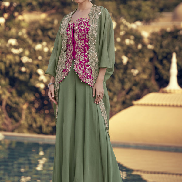 Vegaa Fashion Mehendi Chinon Silk Embroidered Western Palazzo Suit - Distacart