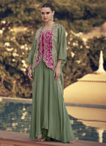 Thumbnail for Vegaa Fashion Mehendi Chinon Silk Embroidered Western Palazzo Suit - Distacart
