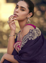 Thumbnail for Vegaa Fashion Purple Chinon Silk Embroidered Western Palazzo Suit - Distacart