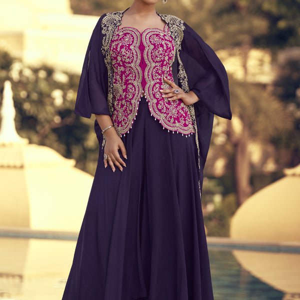 Vegaa Fashion Purple Chinon Silk Embroidered Western Palazzo Suit - Distacart