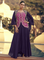 Thumbnail for Vegaa Fashion Purple Chinon Silk Embroidered Western Palazzo Suit - Distacart