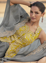 Thumbnail for Vegaa Fashion Grey Chinon Silk Embroidered Western Palazzo Suit