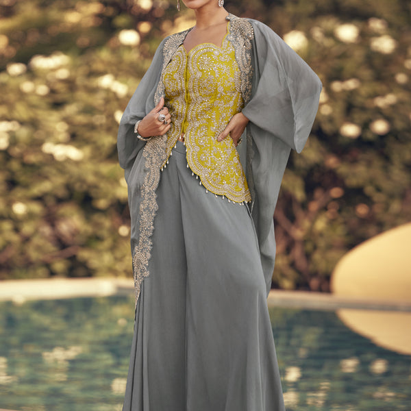 Vegaa Fashion Grey Chinon Silk Embroidered Western Palazzo Suit