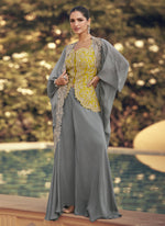 Thumbnail for Vegaa Fashion Grey Chinon Silk Embroidered Western Palazzo Suit