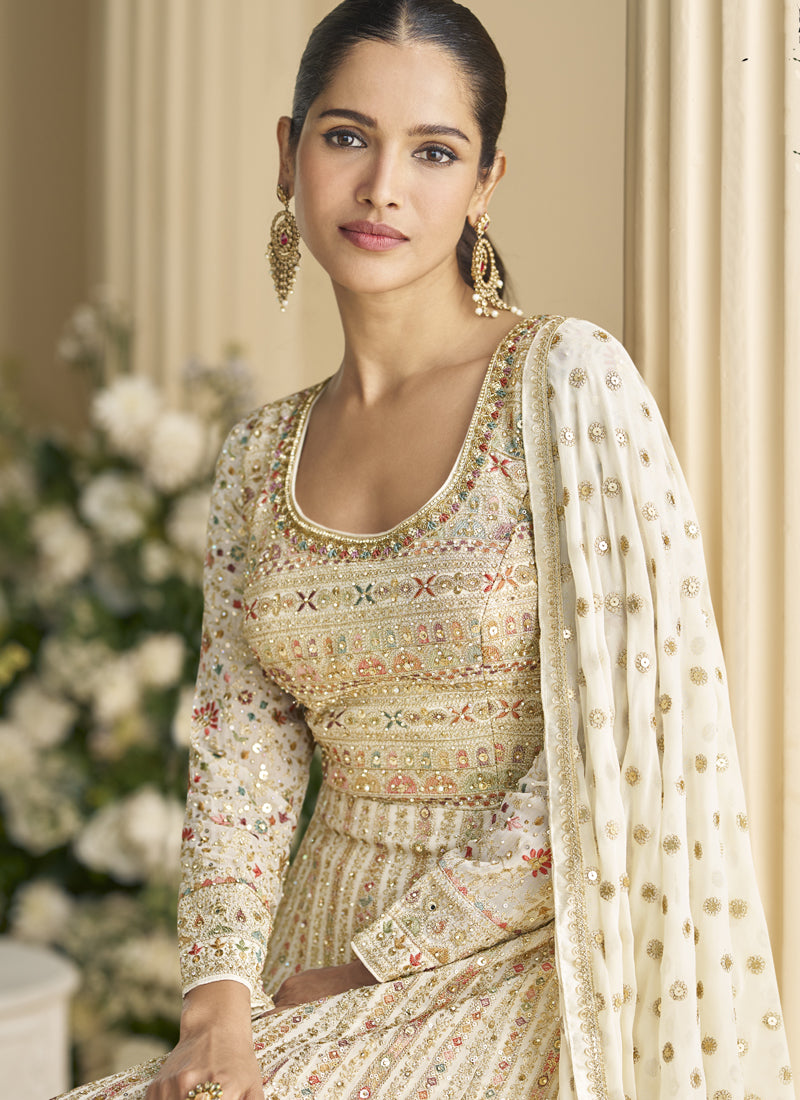Vegaa Fashion Off White Georgette Embroidered Seroski Zarkan Anarkali Suit - Distacart