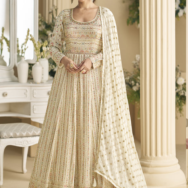 Vegaa Fashion Off White Georgette Embroidered Seroski Zarkan Anarkali Suit