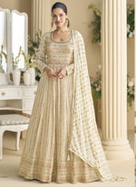 Thumbnail for Vegaa Fashion Off White Georgette Embroidered Seroski Zarkan Anarkali Suit
