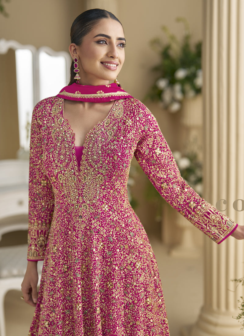 Vegaa Fashion Pink Georgette Embroidered Seroski Zarkan Anarkali Suit - Distacart